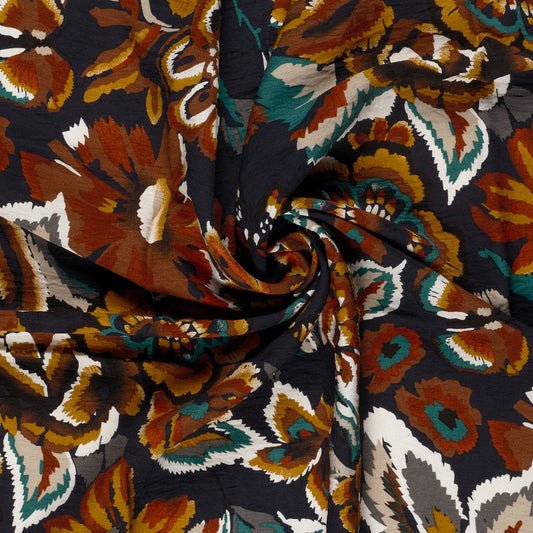 Vanaf week 28 Viscose Nylon Crepe stof bedrukt Bloemen Marine