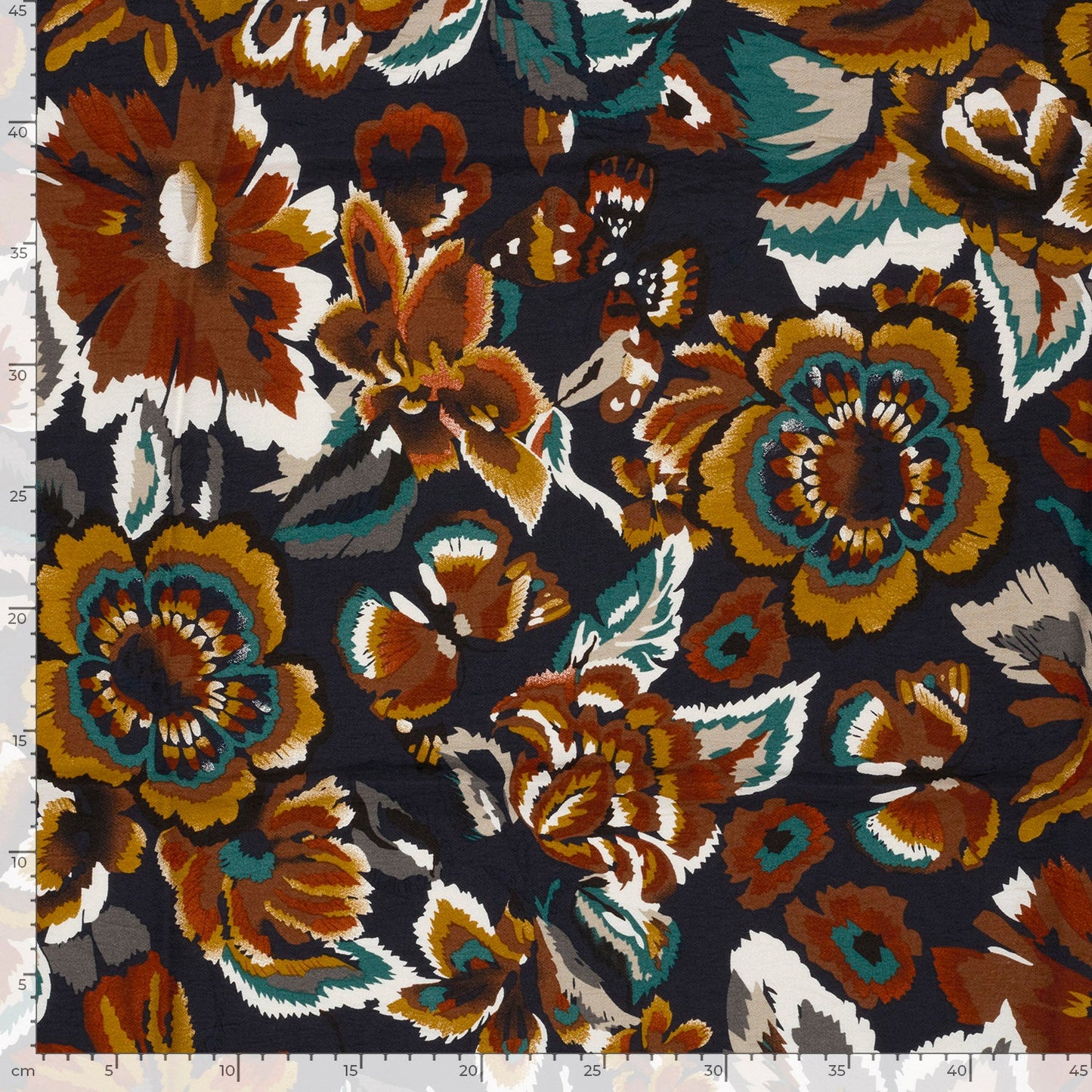 Vanaf week 28 Viscose Nylon Crepe stof bedrukt Bloemen Marine
