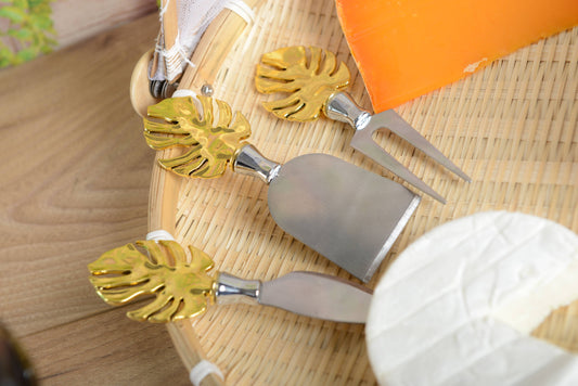 Set van 3 kaasmessen goudkleurig palmblad