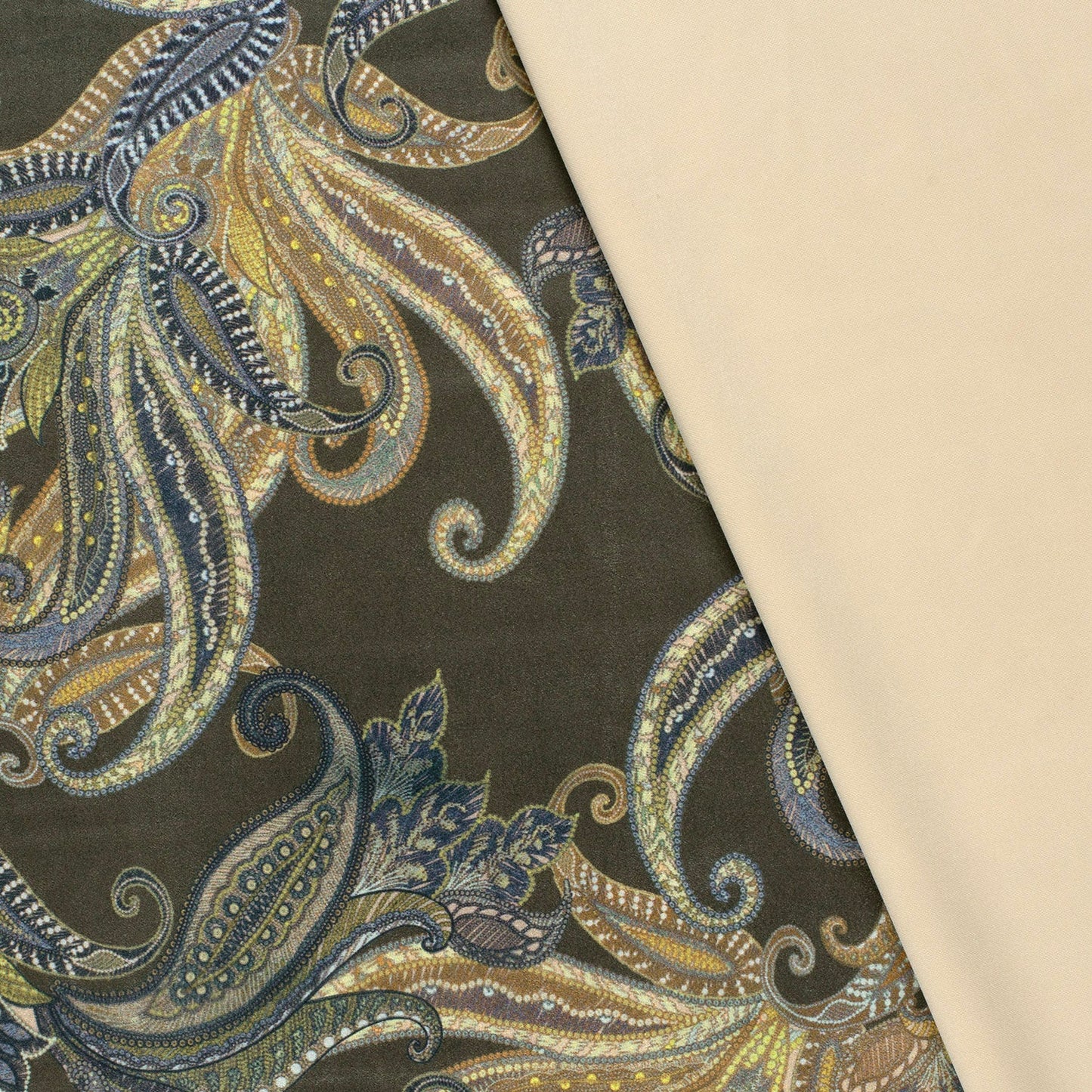 Suedine bedrukt Paisley Kaki groen
