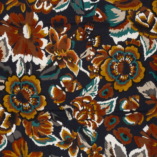 Vanaf week 28 Viscose Nylon Crepe stof bedrukt Bloemen Marine