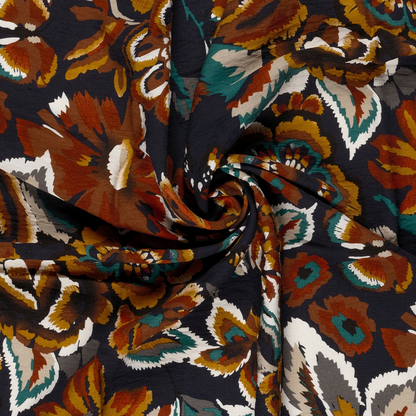 Vanaf week 28 Viscose Nylon Crepe stof bedrukt Bloemen Marine