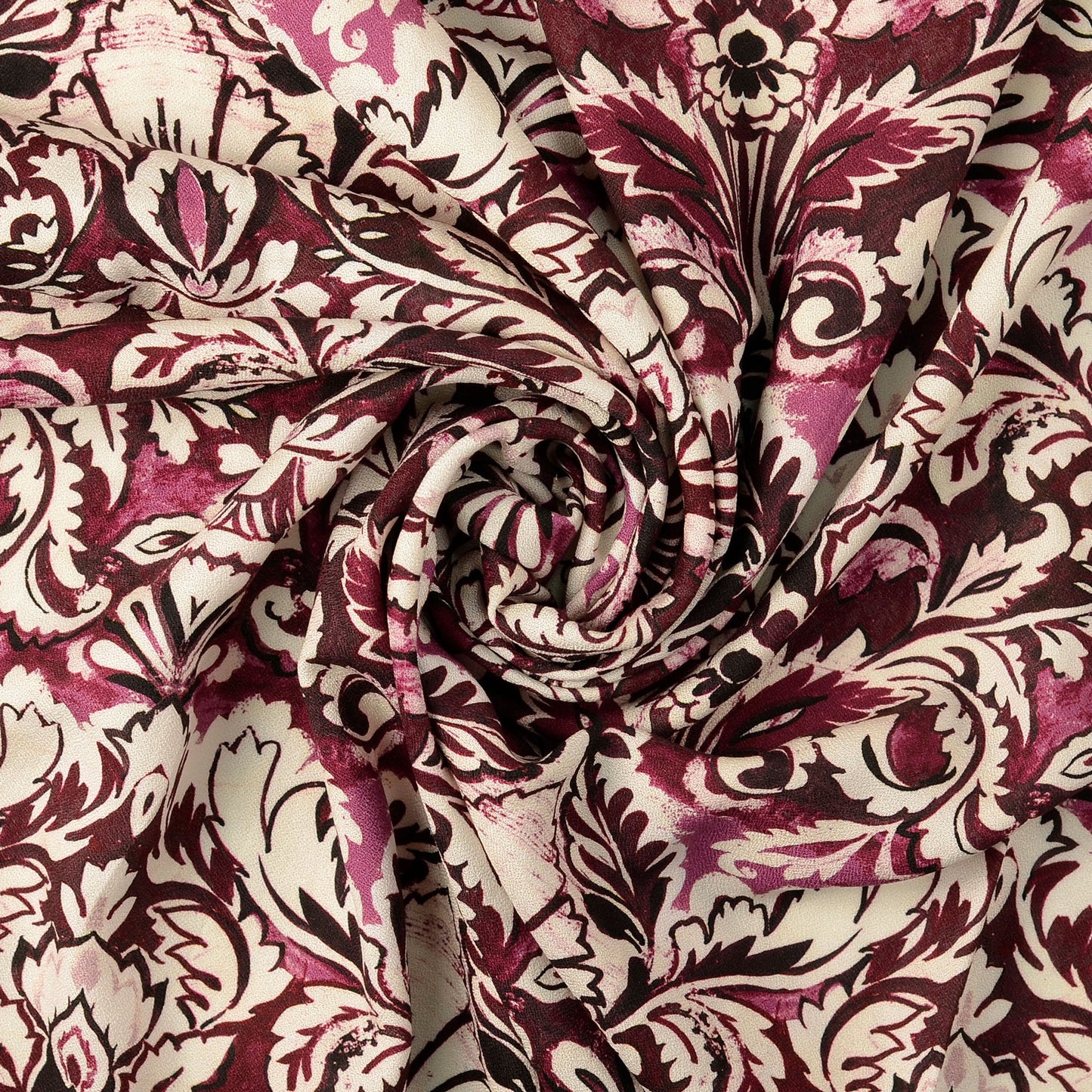 Vanaf week 28 Viscose Crêpe stof digitaal bedrukt Ornamente Bordeaux