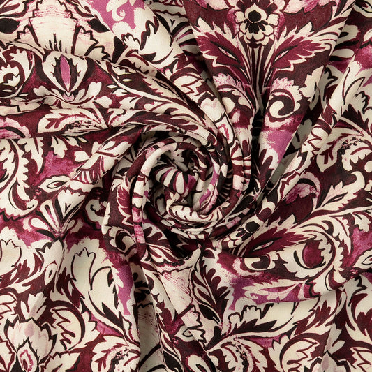 Vanaf week 28 Viscose Crêpe stof digitaal bedrukt Ornamente Bordeaux
